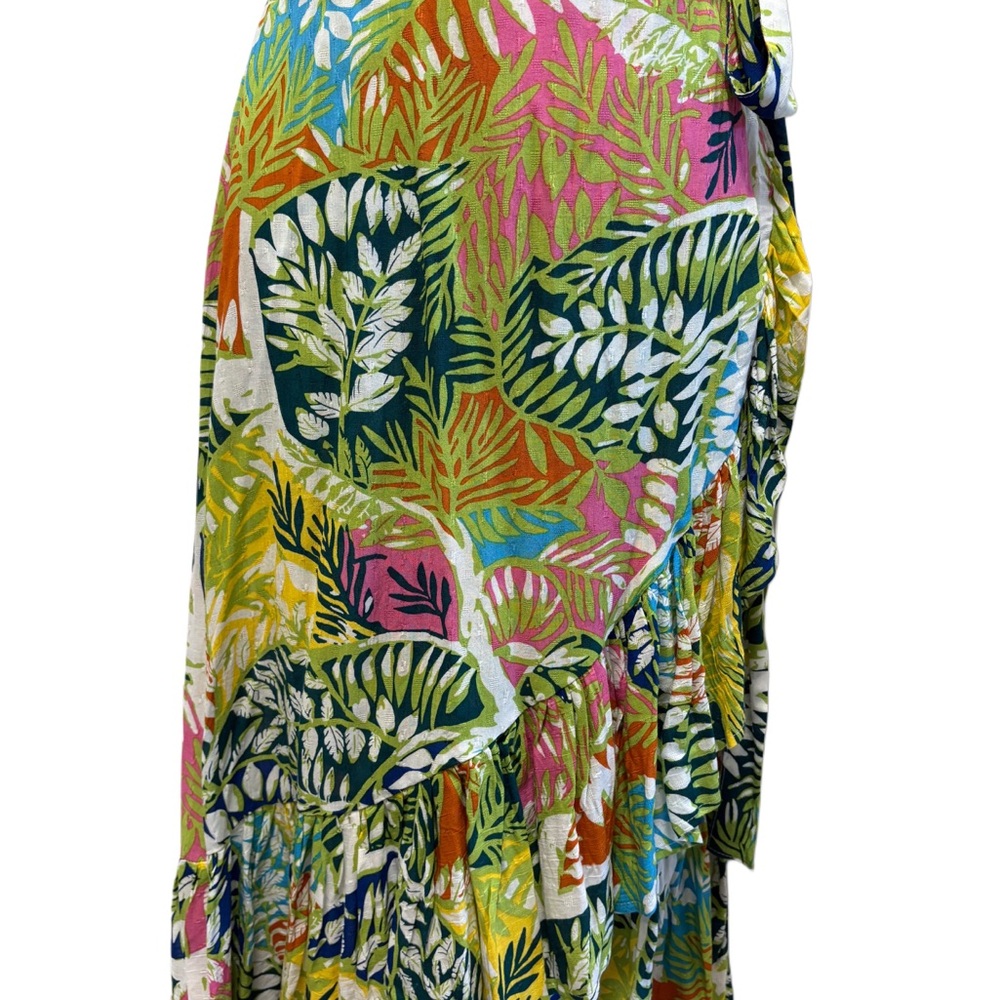 NWT Nicole Miller Hawaiian Wrap Green & Pink Ruffle Hem Midi Skirt & Sarong - XS
